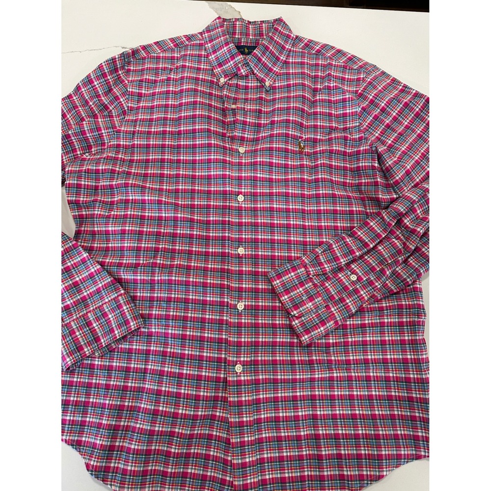 Ralph Lauren Mens Pink Blue Plaid Button Down Shirt Long Sleeve Cotton Large
